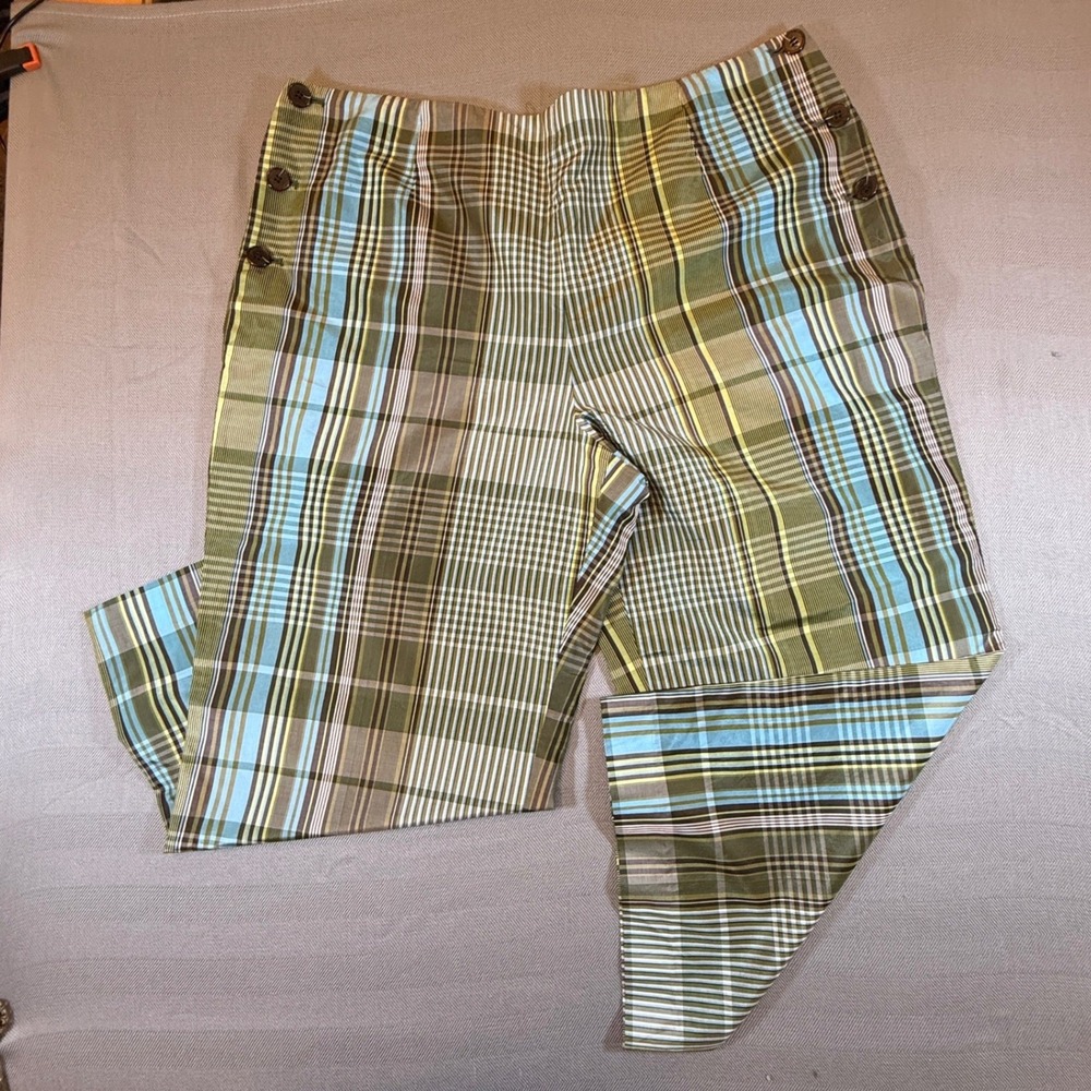 Talbots Plaid Silk Cotton Sailor Pants Green Blue Brown S 20 High Rise Pant 2441